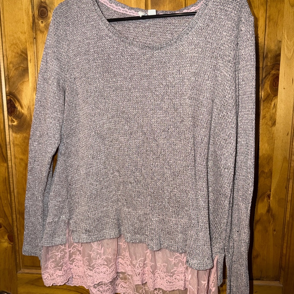Gray Sweater with Pink Lace Hem